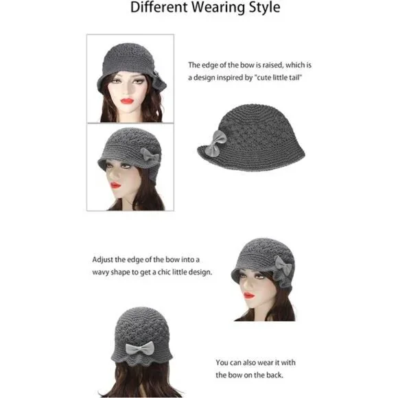 Women Winter Crochet Bucket Hat Bow Gray